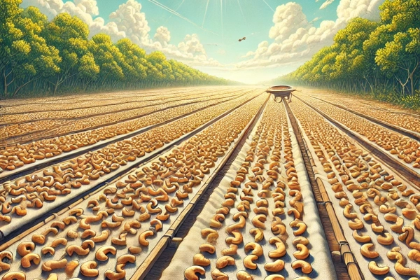 DALL·E 2024-06-19 18.20.41 - An image showing the second step in cashew nut production_ 2. Drying under Sun. Cashew nuts spread out on large mats under the sun, drying. The enviro DALL·E 2024-06-19 18.20.41 - An image showing the second step in cashew nut production_ 2. Drying under Sun. Cashew nuts spread out on large mats under the sun, drying. The enviro