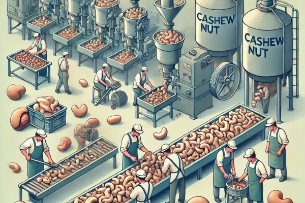 DALL·E 2024-06-19 18.22.27 - An image showing the fourth step in cashew nut production_ 4. Shelling and Husking. Machines or workers removing the shells and husks from the cashew DALL·E 2024-06-19 18.22.27 - An image showing the fourth step in cashew nut production_ 4. Shelling and Husking. Machines or workers removing the shells and husks from the cashew
