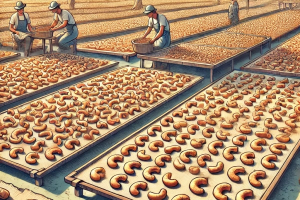 DALL·E 2024-06-19 18.23.11 - An image showing the fifth step in cashew nut production_ 5. Drying. Shelled cashew nuts spread out on large mats or trays for drying again. The envir DALL·E 2024-06-19 18.23.11 - An image showing the fifth step in cashew nut production_ 5. Drying. Shelled cashew nuts spread out on large mats or trays for drying again. The envir