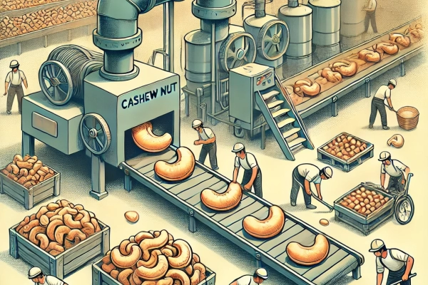 DALL·E 2024-06-19 18.24.08 - An image showing the sixth step in cashew nut production_ 6. Husk Removal. Workers or machines removing the final husks from the cashew nuts. The envi DALL·E 2024-06-19 18.24.08 - An image showing the sixth step in cashew nut production_ 6. Husk Removal. Workers or machines removing the final husks from the cashew nuts. The envi