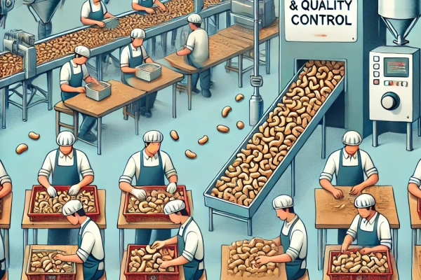 DALL·E 2024-06-19 18.24.48 - An image showing the seventh step in cashew nut production_ 7. Sorting and Quality Control. Workers or machines sorting and inspecting cashew nuts for DALL·E 2024-06-19 18.24.48 - An image showing the seventh step in cashew nut production_ 7. Sorting and Quality Control. Workers or machines sorting and inspecting cashew nuts for