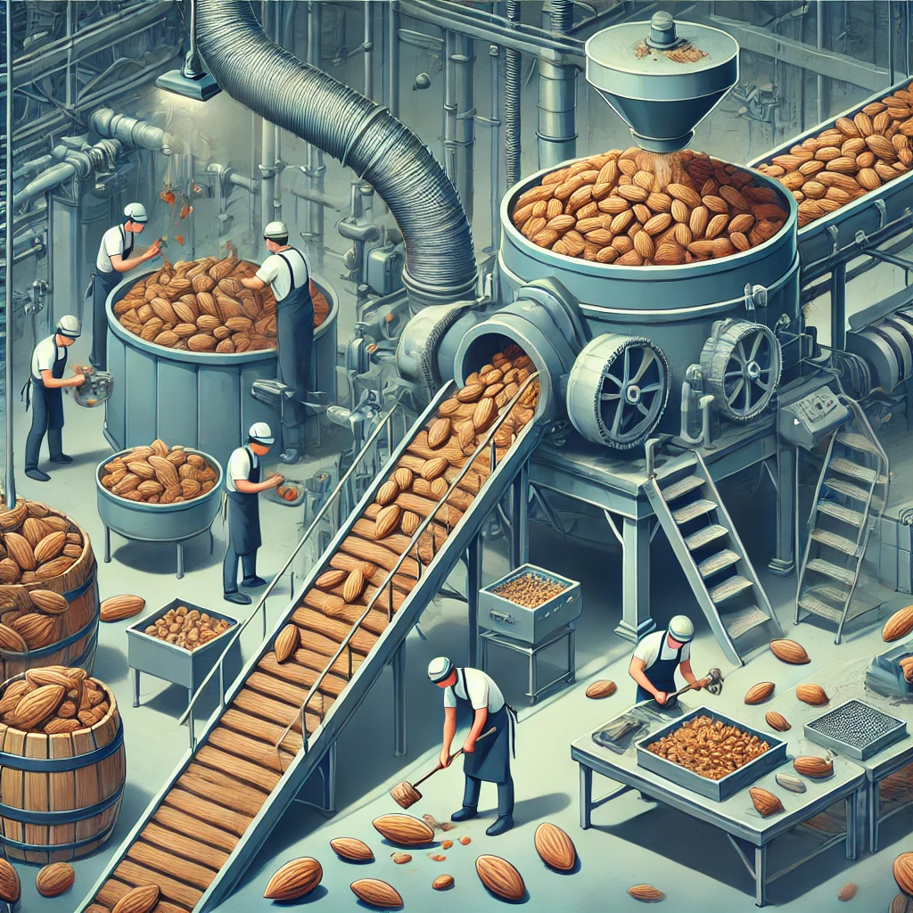 DALL·E 2024-06-20 14.15.58 - An image showing the second step in the almond production process_ 2. Hulling and Shelling. Machines or workers removing the hulls and shells from the