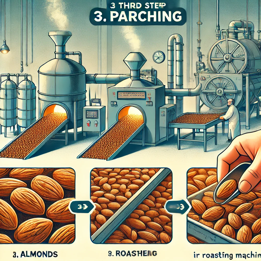 DALL·E 2024-06-20 14.42.12 - An image showing the third step in the almond production process_ 3. Parching. Almonds being roasted or parched in large ovens or roasting machines. T