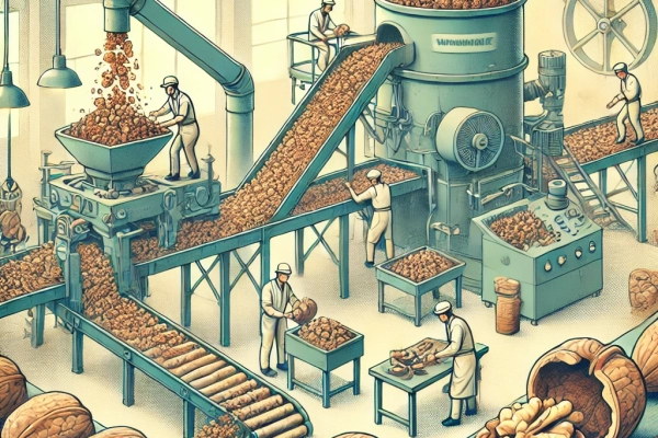 DALL·E 2024-06-20 15.00.06 - An image showing the fifth step in the walnut production process_ Husk Separation. Machines or workers removing the husks from the walnuts in an indus DALL·E 2024-06-20 15.00.06 - An image showing the fifth step in the walnut production process_ Husk Separation. Machines or workers removing the husks from the walnuts in an indus