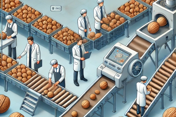 DALL·E 2024-06-20 15.00.12 - An image showing the sixth step in the walnut production process_ Grading (Selection, Inspection). Workers or machines inspecting and selecting walnut DALL·E 2024-06-20 15.00.12 - An image showing the sixth step in the walnut production process_ Grading (Selection, Inspection). Workers or machines inspecting and selecting walnut