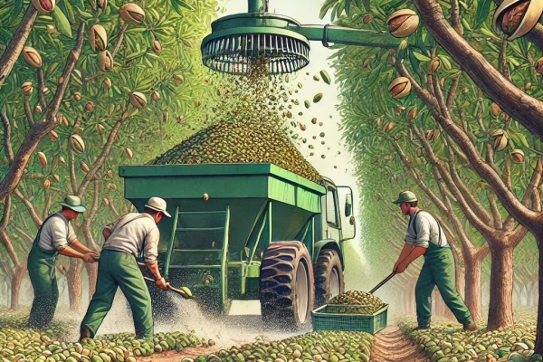 DALL·E 2024-06-20 15.28.34 - An image showing the first step in the pistachio nut production process_ Harvesting. Workers in a pistachio orchard using mechanical shakers or tradit