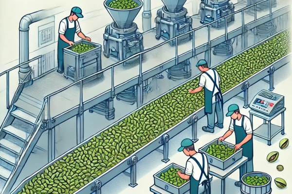 DALL·E 2024-06-20 15.39.29 - An image showing the third step in the pistachio nut production process_ Grading. Workers or machines sorting pistachios by size and quality. The sett DALL·E 2024-06-20 15.39.29 - An image showing the third step in the pistachio nut production process_ Grading. Workers or machines sorting pistachios by size and quality. The sett
