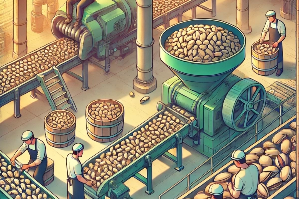 DALL·E 2024-06-20 15.39.32 - An image showing the fourth step in the pistachio nut production process_ Hulling. Machines or workers removing the hulls from the pistachios in an in DALL·E 2024-06-20 15.39.32 - An image showing the fourth step in the pistachio nut production process_ Hulling. Machines or workers removing the hulls from the pistachios in an in