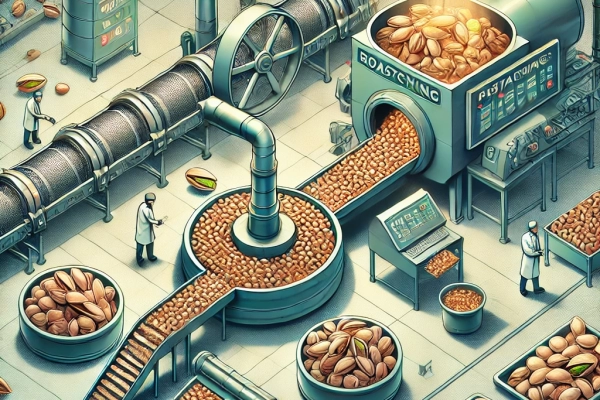 DALL·E 2024-06-20 15.44.22 - An image showing the sixth step in the pistachio nut production process_ Roasting. Pistachios being roasted in large ovens or roasting machines in an DALL·E 2024-06-20 15.44.22 - An image showing the sixth step in the pistachio nut production process_ Roasting. Pistachios being roasted in large ovens or roasting machines in an