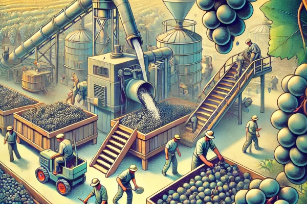 DALL·E 2024-06-20 16.00.54 - An image showing the first step in the raisin nut processing_ Debunching of Grapes. Workers or machines separating grapes from the bunches in a vineya