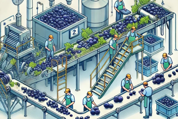 DALL·E 2024-06-20 16.02.31 - An image showing the second step in the raisin nut processing_ Sorting of Detached Berries. Workers or machines sorting grapes after they have been de