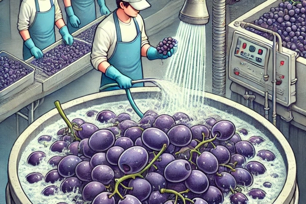 DALL·E 2024-06-20 16.03.24 - An image showing the third step in the raisin nut processing_ Washing. Grapes being washed thoroughly in water tanks or using spray systems. The envir
