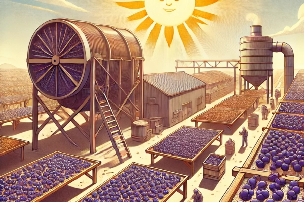 DALL·E 2024-06-20 16.05.29 - An image showing the sixth step in the raisin nut processing_ Drying. Grapes being dried in the sun or in industrial drying machines to turn them into