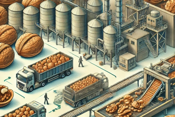 DALL·E 2024-06-21 18.25.49 - An image showing the hauling process of walnuts. Walnuts are retrieved from storage and transported to the shelling department. The environment should DALL·E 2024-06-21 18.25.49 - An image showing the hauling process of walnuts. Walnuts are retrieved from storage and transported to the shelling department. The environment should